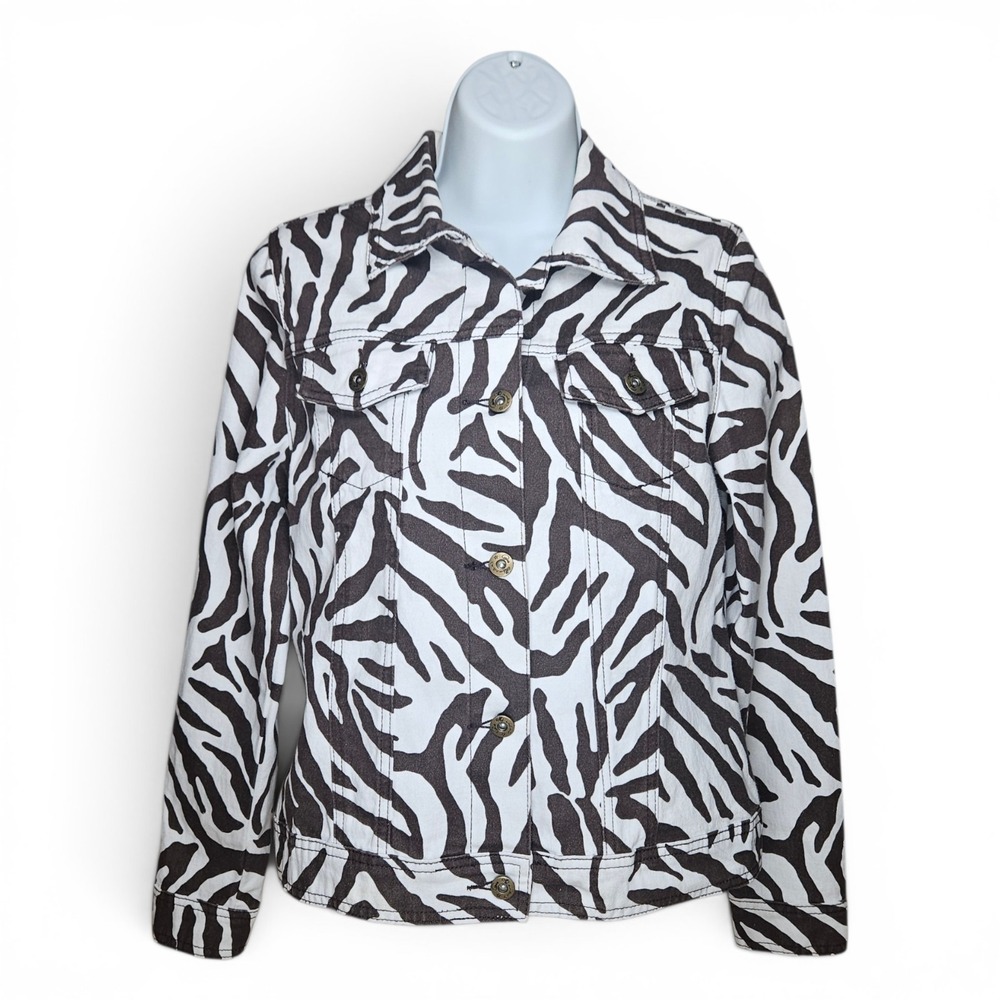 DG2 Diane Gilman Jacket XS Brown Ivory Trucker Stretch Animal Zebra Print Y2K - Picture 3 of 9